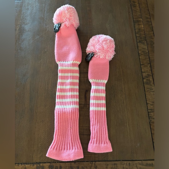 Women’s or Men’s Golf Club Headcovers Pink & White Knitted with Pom Pom - Picture 1 of 1